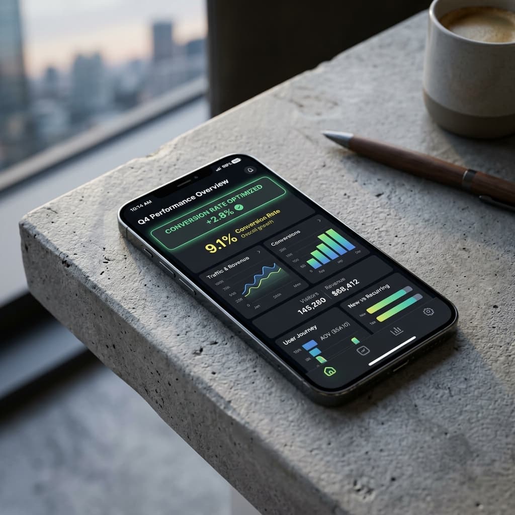 A minimalist, high-end smartphone on a raw concrete desk displaying an advanced analytics dashboard with a glowing Conversion Rate Optimized status