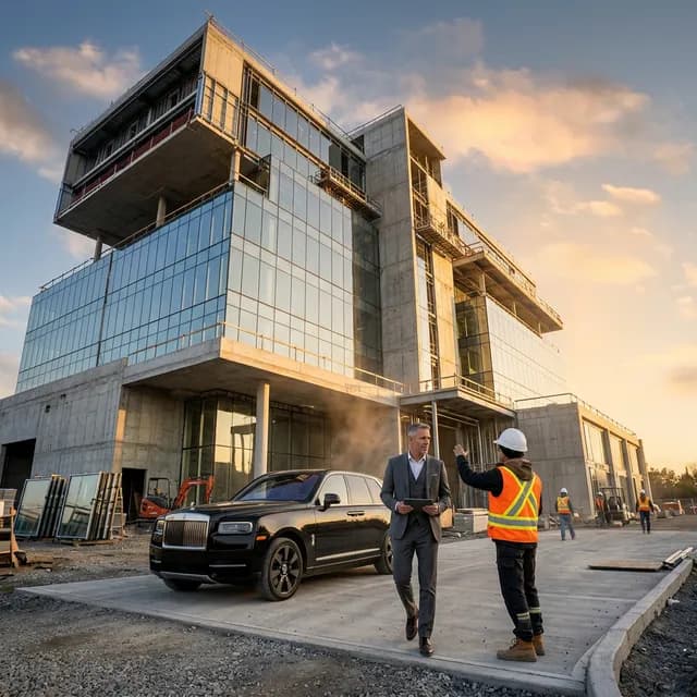Spectacular low-angle shot of a pristine million-dollar ultra-luxury commercial property mid-construction with a high-end luxury vehicle parked in front