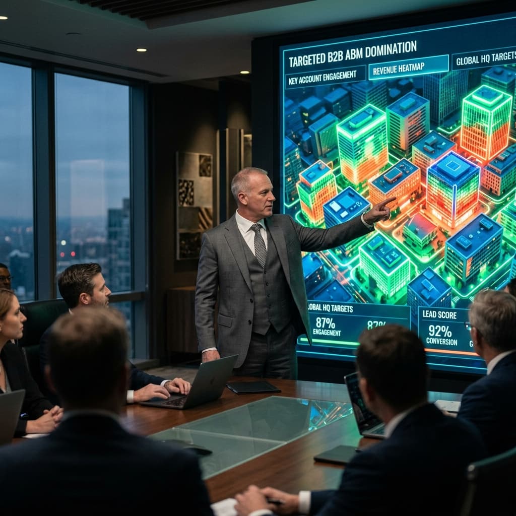 An elite HVAC executive in a dark, sleek boardroom pointing to a massive glowing analytics screen showing a heat-map of commercial corporate headquarters.