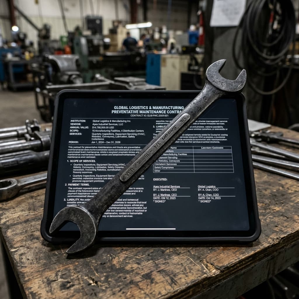 A sleek, heavy metal industrial wrench resting precisely on a glowing dark-mode digital tablet displaying a complex institutional preventative maintenance contract.