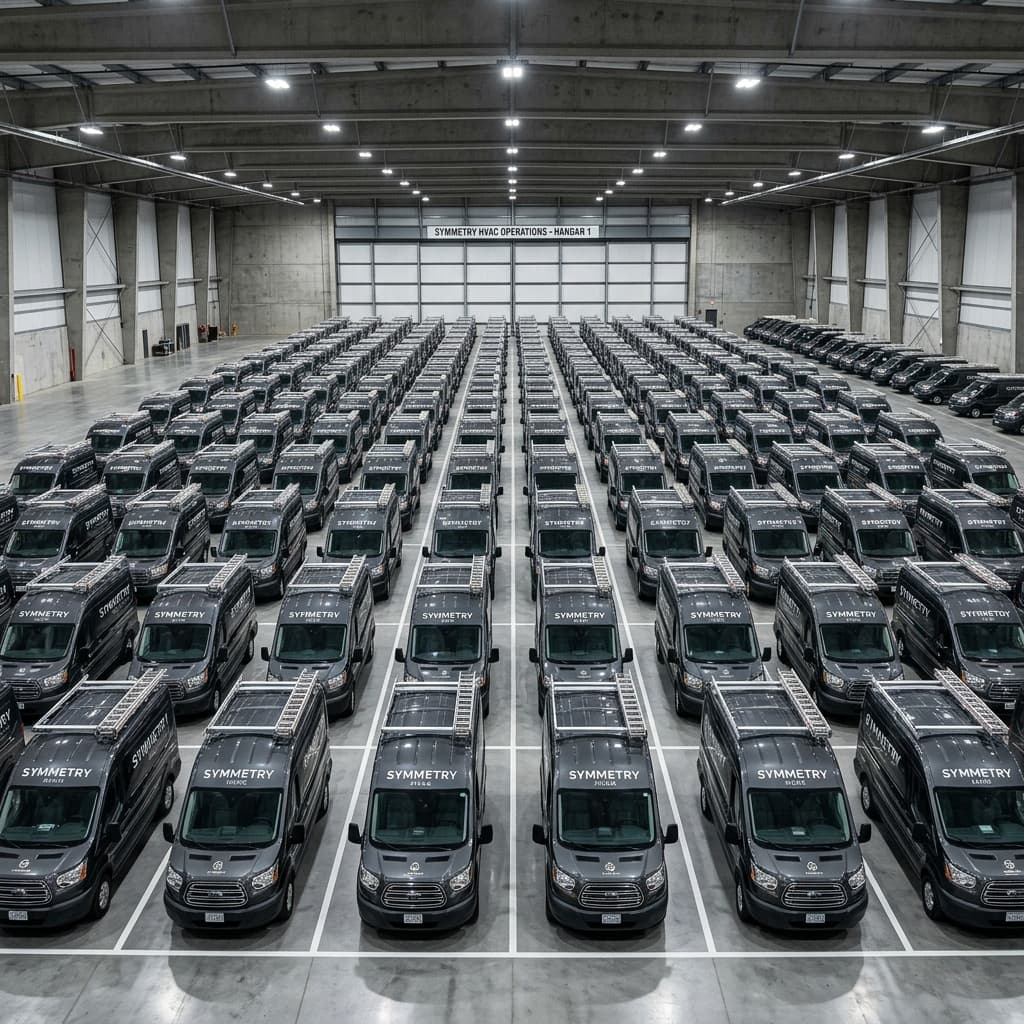 A massive fleet of identical, dark-toned and highly polished HVAC service vans arranged with militaristic precision inside a vast concrete hanger.