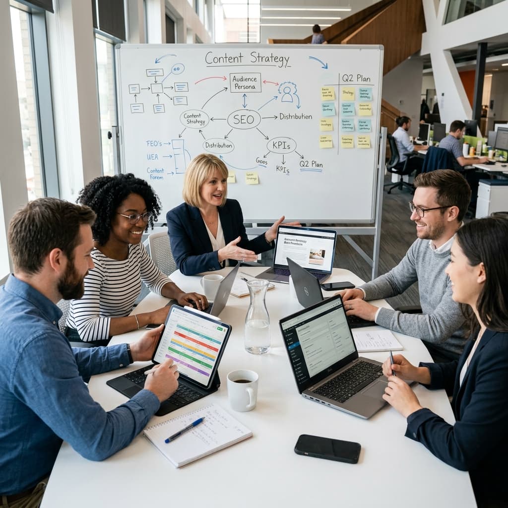 Un equipo de marketing profesional reunido en una oficina moderna discutiendo estrategia de contenido para una empresa de construcción comercial.