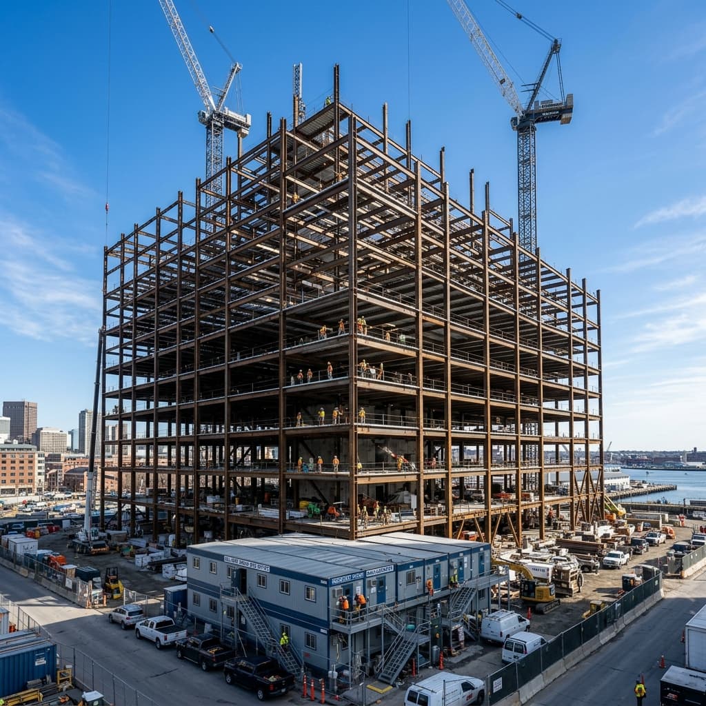 Un edificio comercial masivo en construcción con estructura de acero y trabajadores con cascos, representando la escala de proyectos que el inbound marketing atrae.