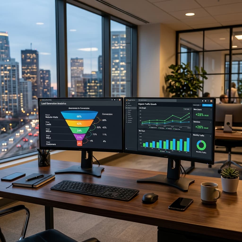 Monitores curvados mostrando paneles de analíticas de inbound marketing con embudos de generación de leads y gráficos de crecimiento de tráfico orgánico.