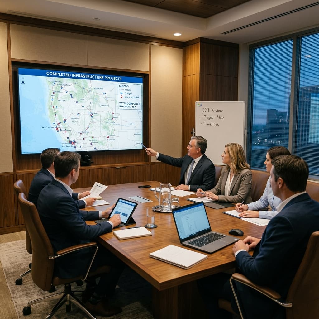 A corporate boardroom where construction executives review clean geographic map data of completed projects on a 4K presentation screen.