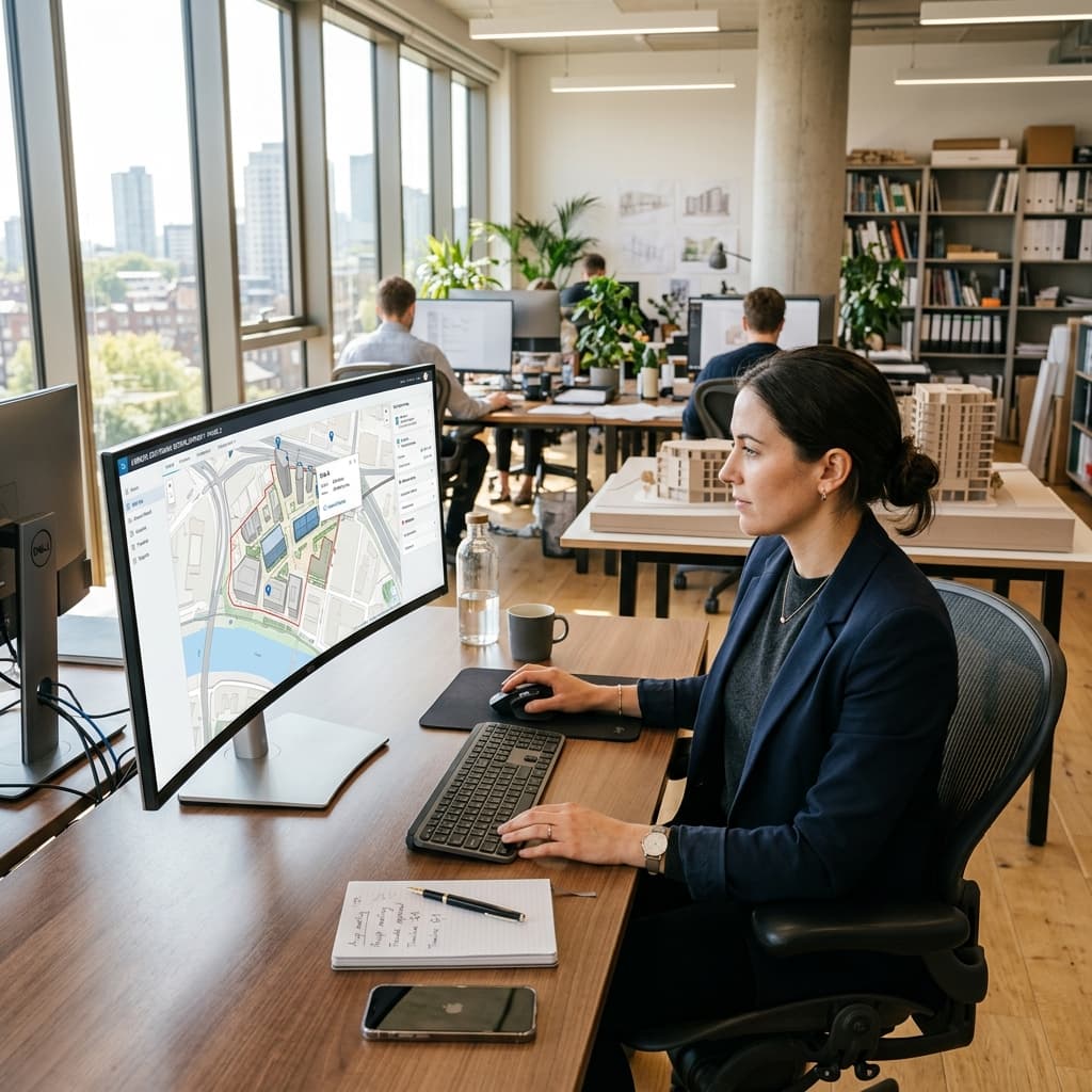 A professional project manager in an architectural office examining a clean interactive map on a high-end desktop monitor showing project locations.
