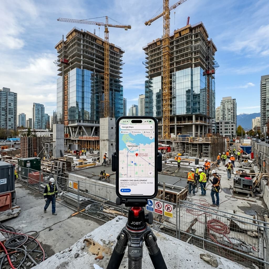 An impressive luxury commercial building under construction at golden hour with a geographic pinning application open on a smartphone in the foreground.
