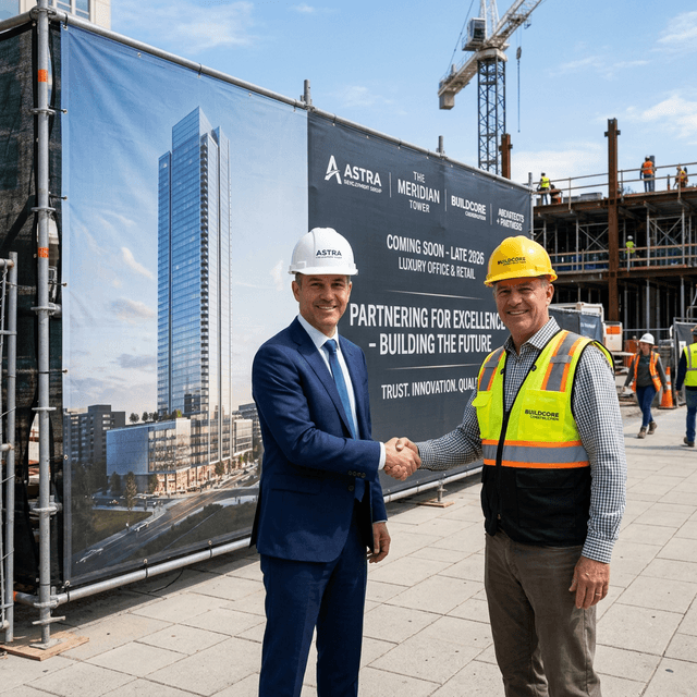 Commercial developer and general contractor shaking hands in front of a massive branded construction site barricade banner
