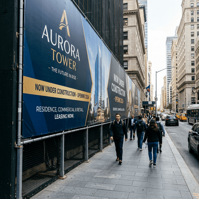 Pedestrians walking past a very large high-quality branded construction fence banner on a busy city sidewalk