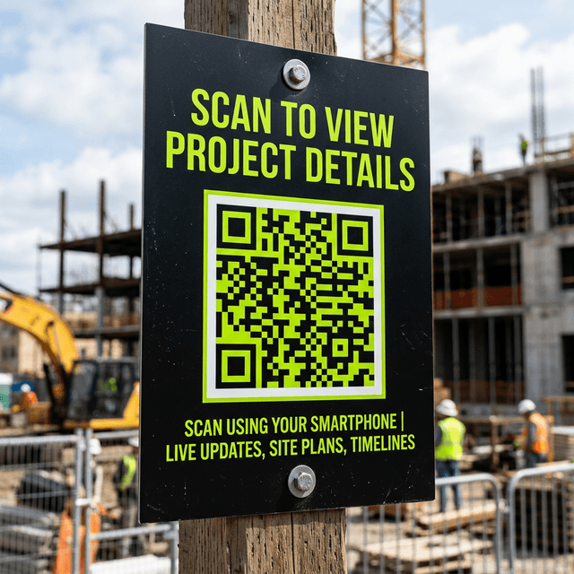 Sharp close-up of a premium aluminum composite construction site sign featuring a large QR code and a clear call to action