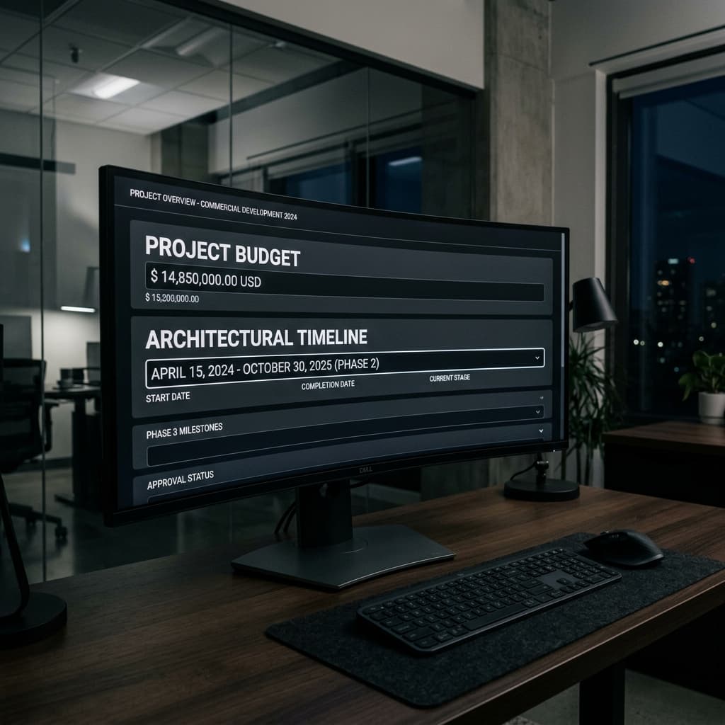 Un modelo de Next.js brillante, en una pantalla curva ultra ancha, comandando respuestas agresivas de presupuesto.