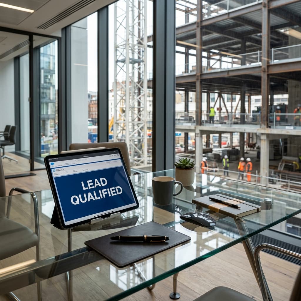 Un modelo iPad en oficina mostrando notificación en inglés LEAD QUALIFIED de un inversionista listo para contratos gigantes.