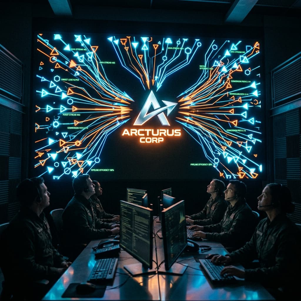 A glowing, high-contrast analytics screen in a dimly lit war-room showing hundreds of localized digital leads represented as sharp geometric nodes forcefully funneling into a sharp corporate logo.