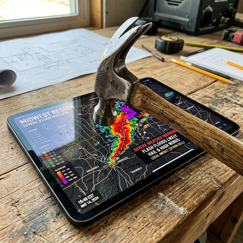 A heavy, polished metal roofing hammer resting deliberately on top of a sleek digital tablet displaying a topographic weather map predicting severe local storms.