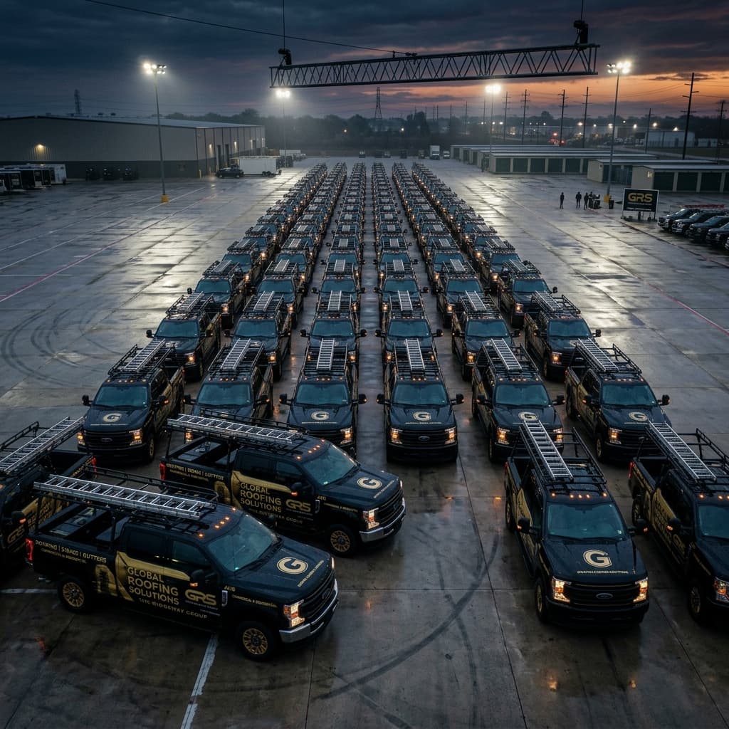A massive fleet of identical, highly branded, black and gold Ford F-250 roofing trucks perfectly lined up in a concrete staging area just before dawn.