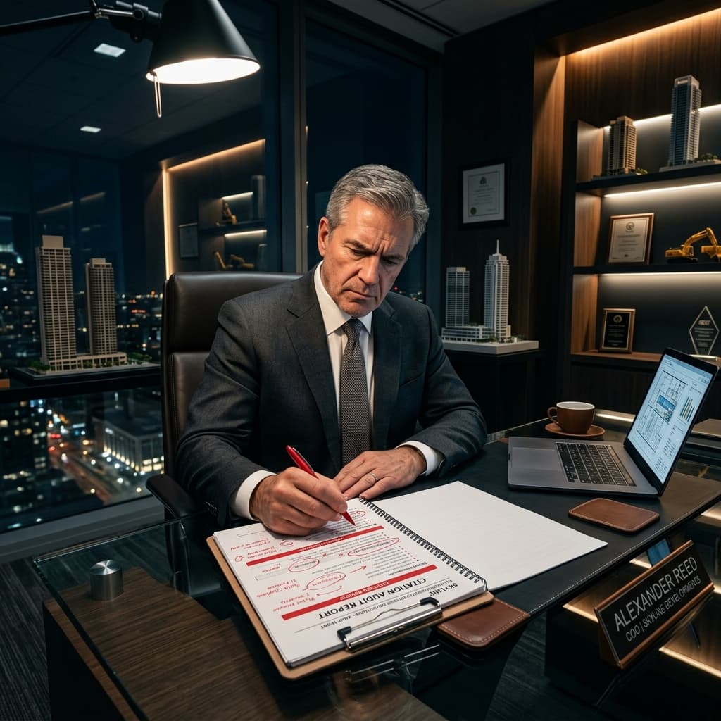 Elite commercial construction executive in a dark tailored suit reviewing a citation audit report with red inconsistency marks