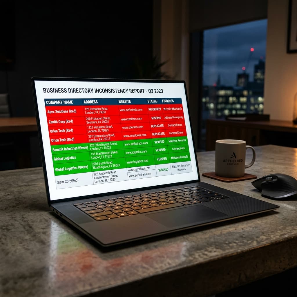 A high-end laptop screen on a polished concrete desk showing a business directory inconsistency report with listings highlighted in red and green