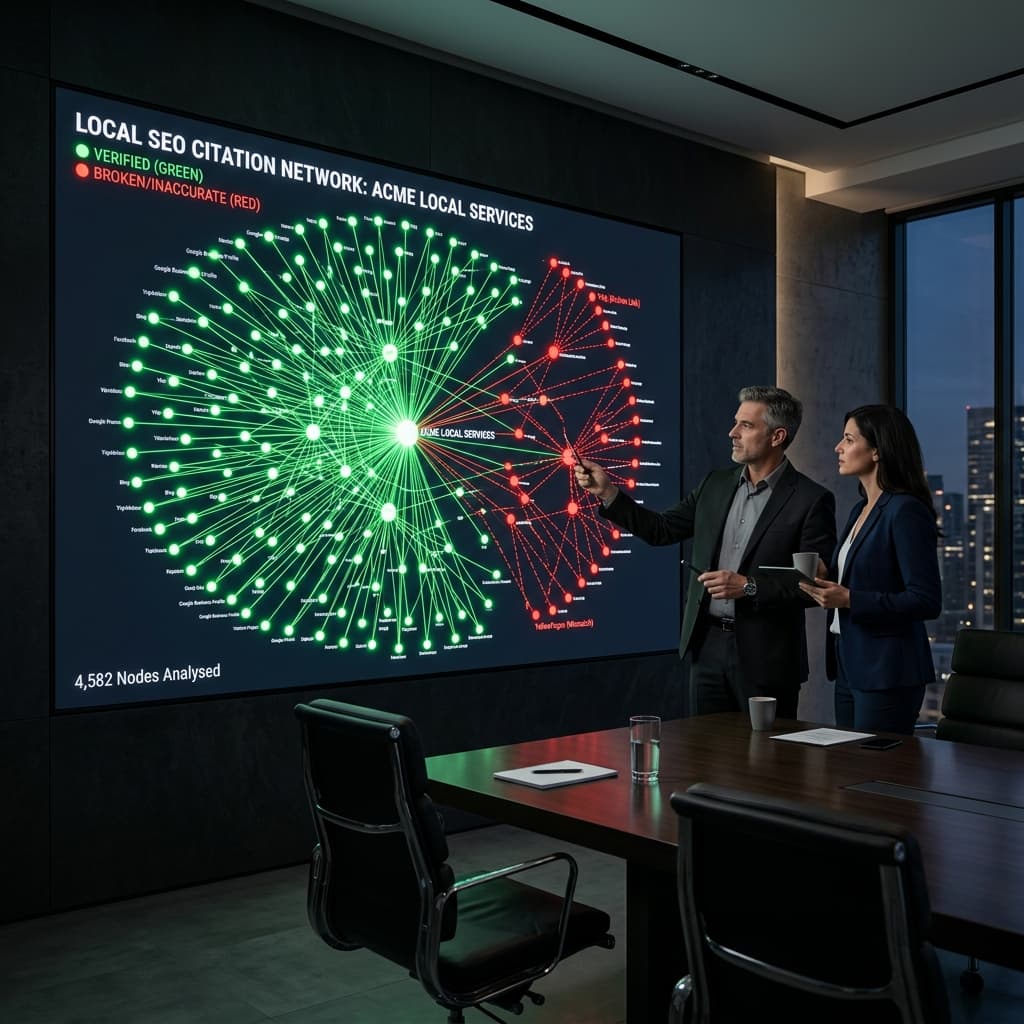 Dark executive boardroom with a wall screen showing a local SEO citation network graph with verified nodes in green and broken nodes in red
