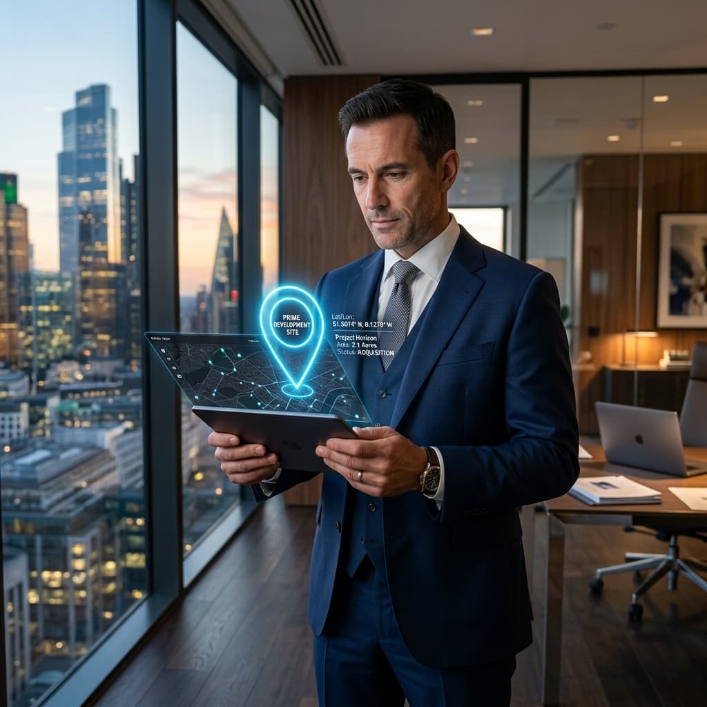 An elite commercial real estate developer looking at a sleek tablet displaying a massive glowing GPS pin on a minimal map interface