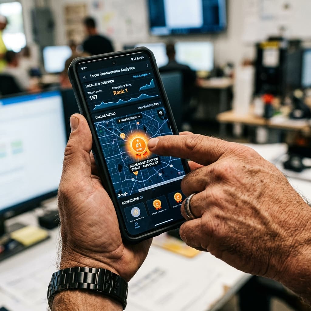 An aggressive close-up of a masculine hand pointing at a glowing 'Rank 1' local map icon on a luxury smartphone