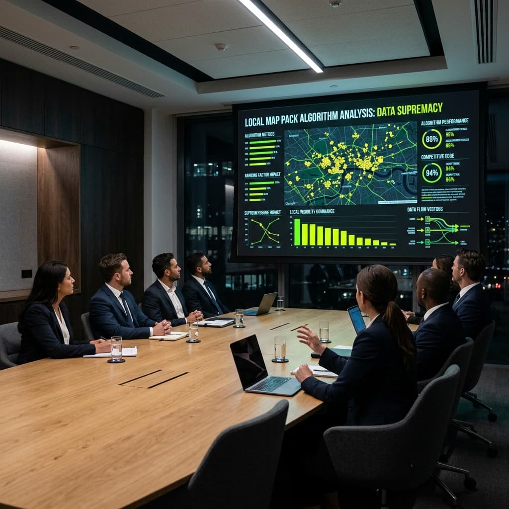 A high-end minimal boardroom with a projector displaying a dark-themed local map pack algorithm analysis in bright yellow and green colors