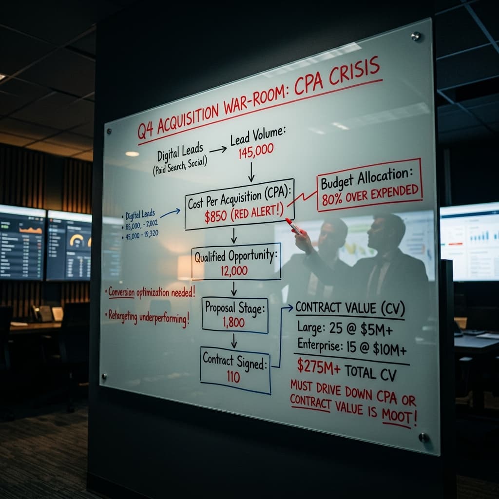 A war-room style glass whiteboard covered in ruthless cost-per-acquisition metrics, with sharp red markers detailing the flow from digital lead generation to multimillion-dollar contracts.