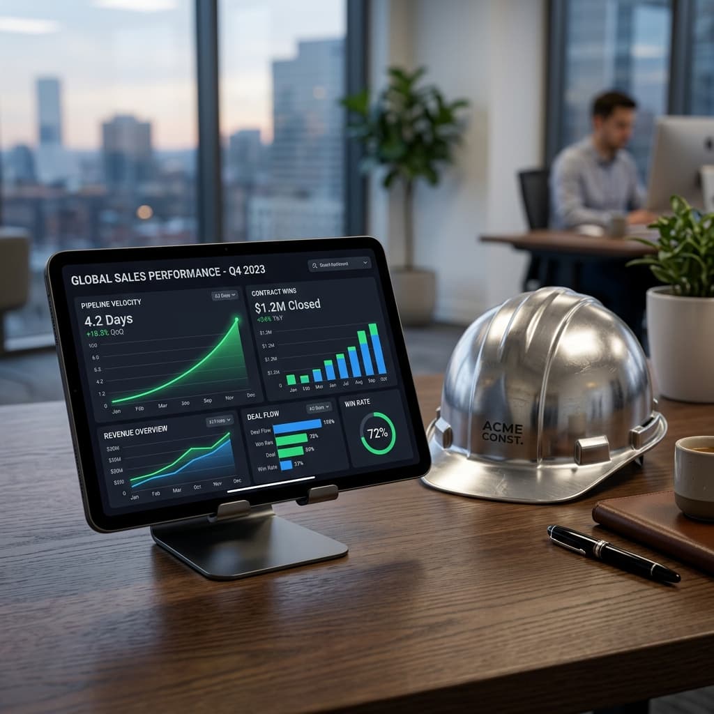 A sleek, modern digital tablet displaying a highly analytical dark-mode dashboard showing upward trending pipeline velocity and contract wins.