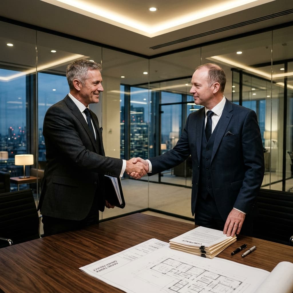 Two high-net-worth commercial executives in sharp, dark tailored suits shaking hands firmly in a very sleek, dimly lit modern office, finalizing a massive construction contract.