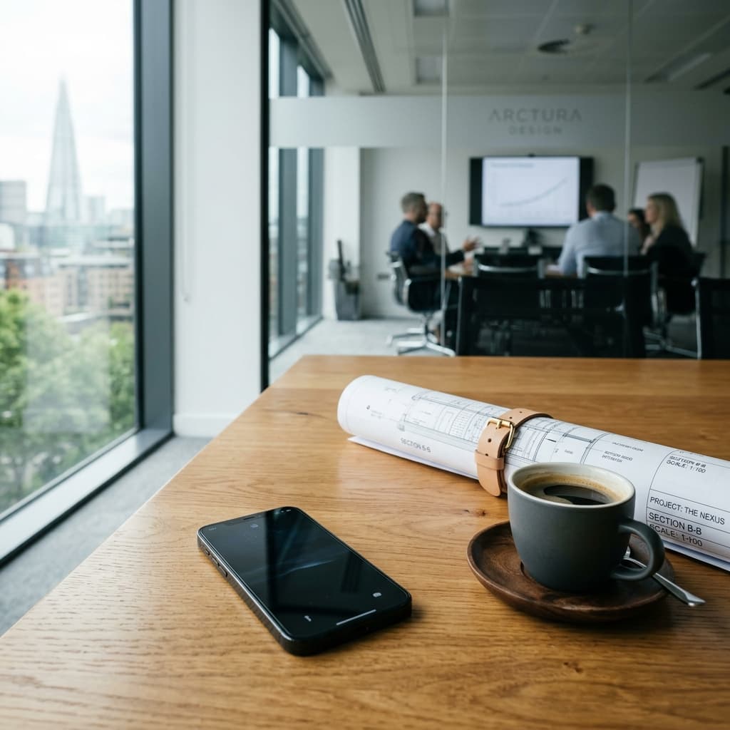 Una reunión de sala de juntas de construcción comercial premium con ejecutivos revisando analíticas móviles en una pantalla grande.