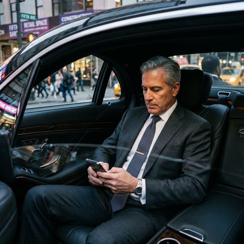 Un desarrollador comercial adinerado en un auto corporativo de lujo usando un iPhone para revisar el portafolio de una firma constructora.