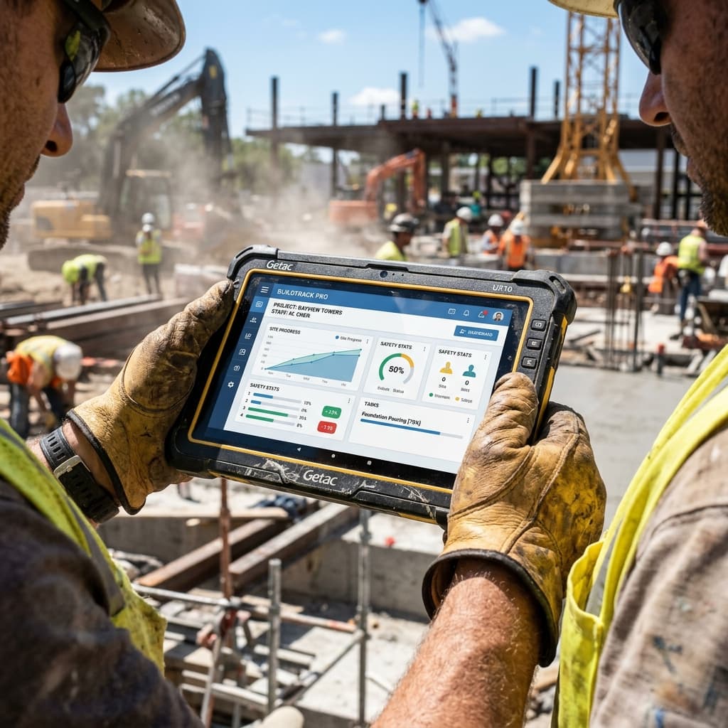 Un trabajador de construcción sosteniendo una tablet rugosa mostrando un dashboard digital de proyecto en un sitio de obra comercial activo.