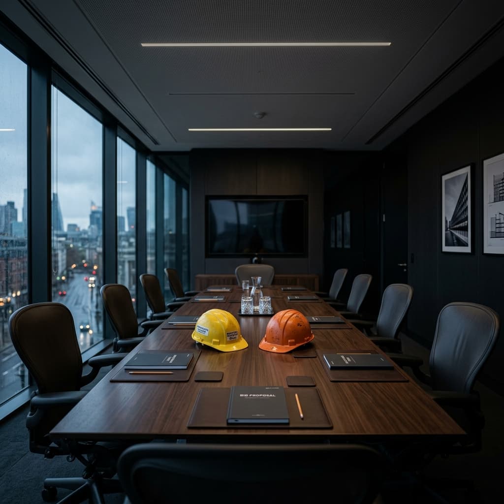 Una mesa elitista e hiperrealista vacía con cascos de construcción, simbolizando las licitaciones municipales perdidas debido a la barrera del idioma