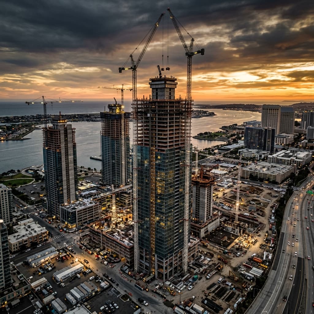 Vista aérea de un desarrollo comercial en California, demostrando el poder exponencial de adaptación lingüística de tu entorno