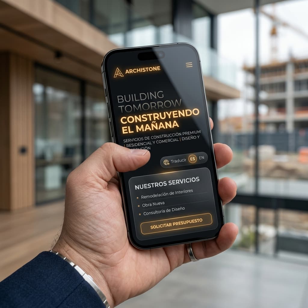 Close up de un smartphone premium mostrando el sitio web minimalista de un contratista pasando sutilmente a idioma español
