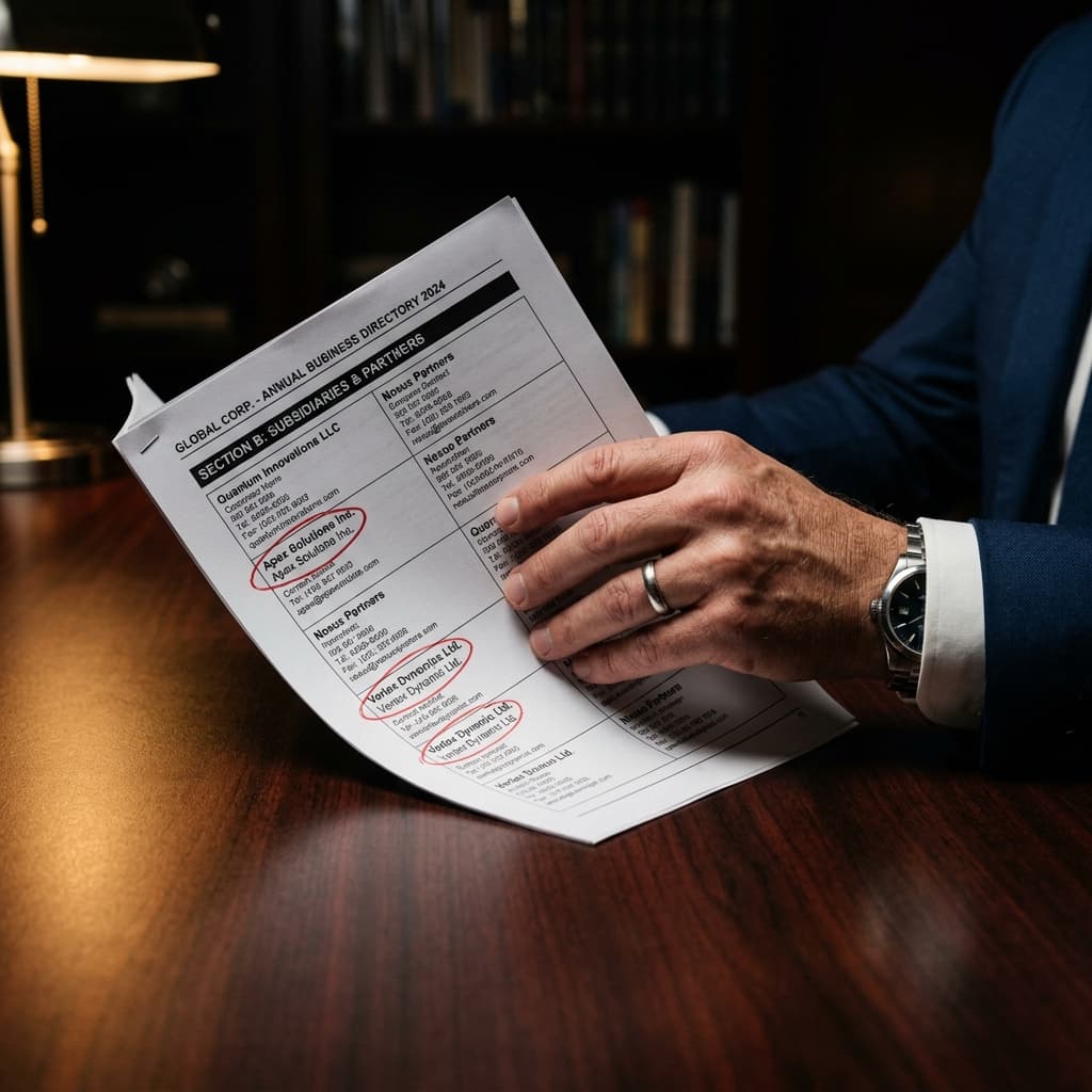 Executive hand holding a printed corporate directory report with red circles around inconsistent business name entries