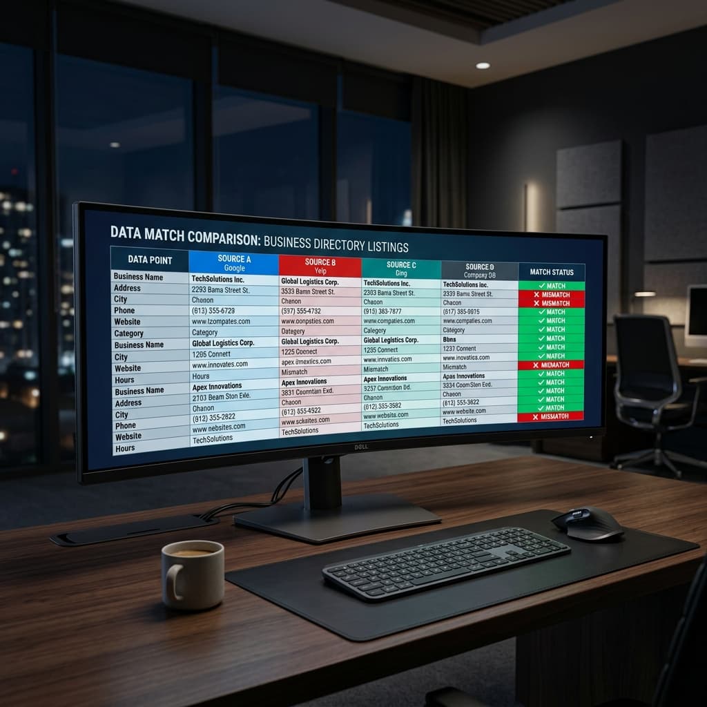 Ultrawide monitor displaying a grid comparison of business directory listings with green checkmarks and red X marks indicating data matches and mismatches