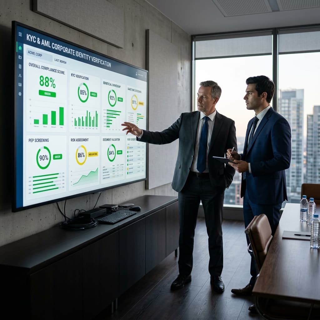 Two serious executives reviewing a large wall-mounted screen showing a corporate identity verification dashboard with percentage scores and compliance indicators