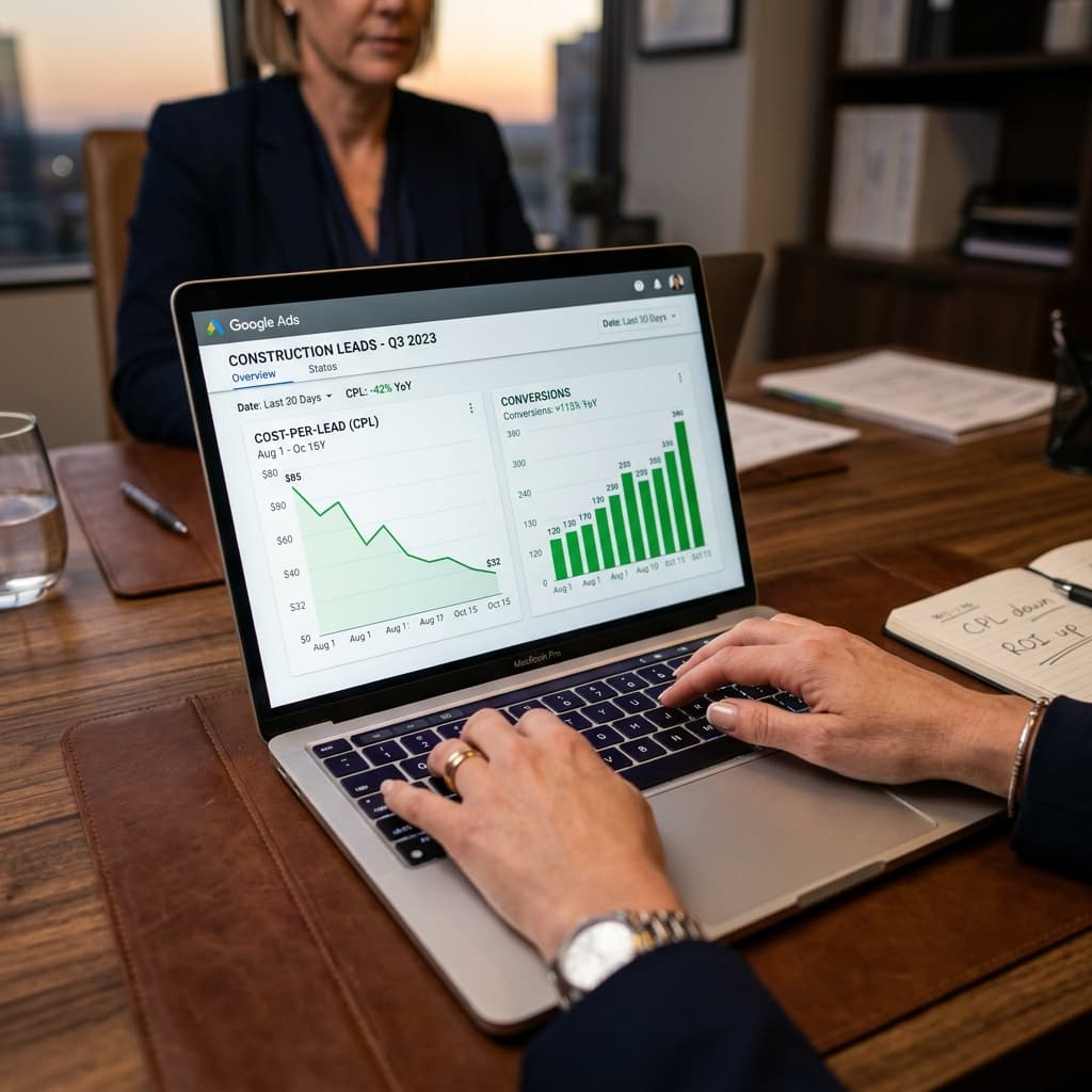 A construction executive reviewing Google Ads PPC campaign performance metrics on a laptop, showing declining cost-per-lead and rising conversion rates.