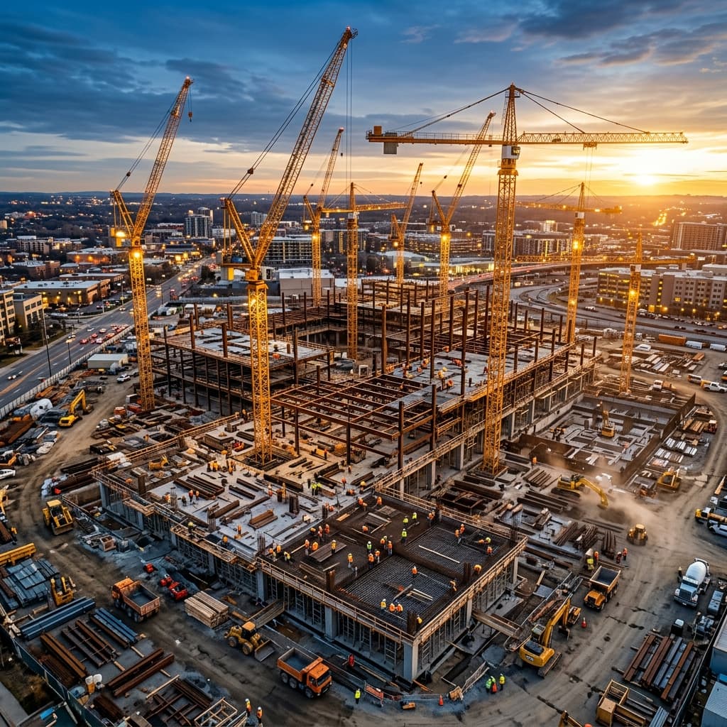 An aerial golden hour photograph of a massive commercial construction site with cranes and steel framework, representing the high-stakes projects that proper PPC management targets.