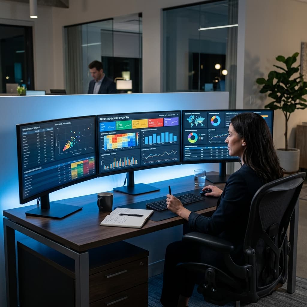 A modern marketing war room with multiple monitors displaying PPC campaign analytics, keyword performance charts, and heat maps for construction company advertising management.