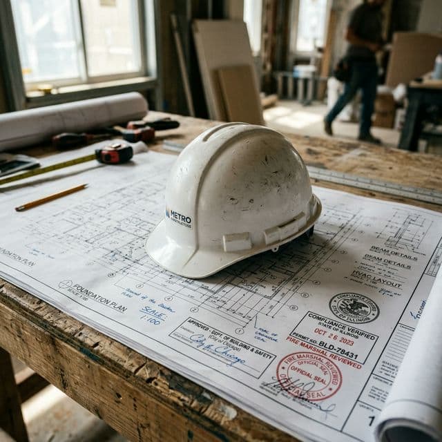 Close-up of a white hardhat resting on complex architectural blueprints with official government compliance seals, hyper-realistic, dramatic lighting