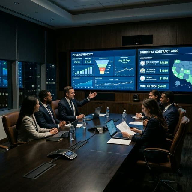 An executive war room with glowing dashboards showing pipeline velocity and municipal contract wins, dark premium aesthetic, photorealistic.