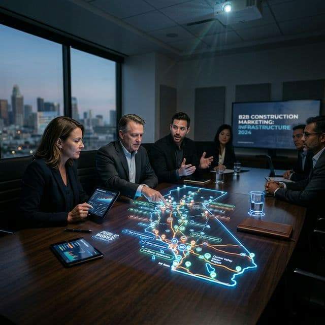A glowing digital map of California public works projects overlaid on a dark boardroom table, high-tech B2B construction marketing