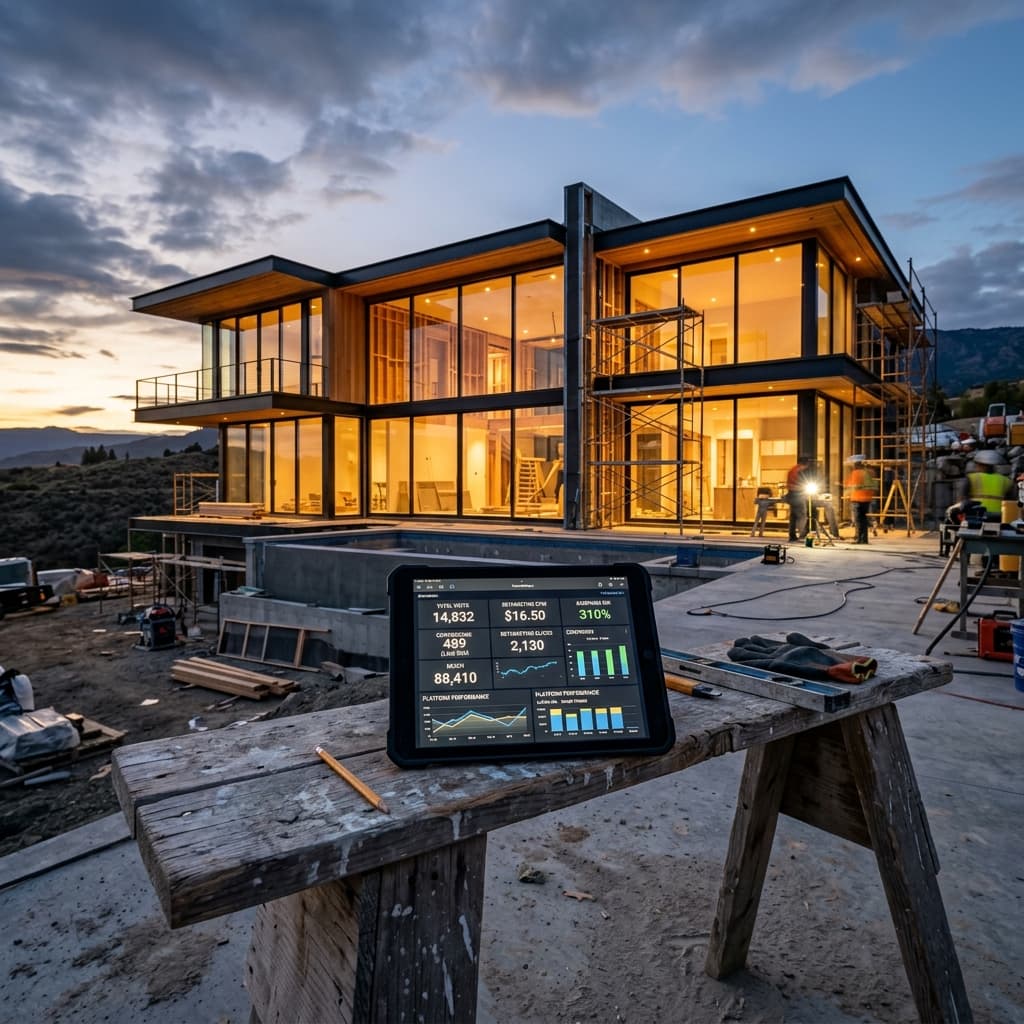 A luxury custom home under construction at twilight with digital marketing analytics displayed on a tablet device in the foreground, representing retargeting campaigns for custom builders.