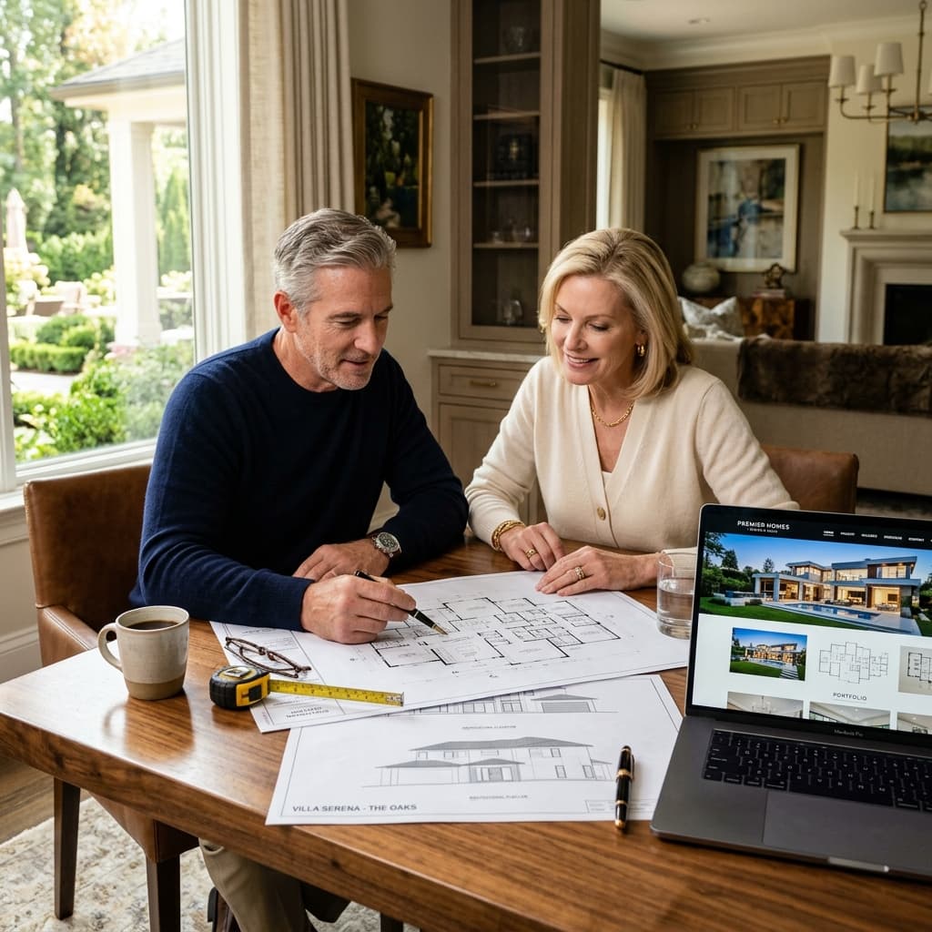An affluent couple reviewing luxury home floor plans and architectural blueprints at a polished dining table with a custom builder website visible on a laptop.