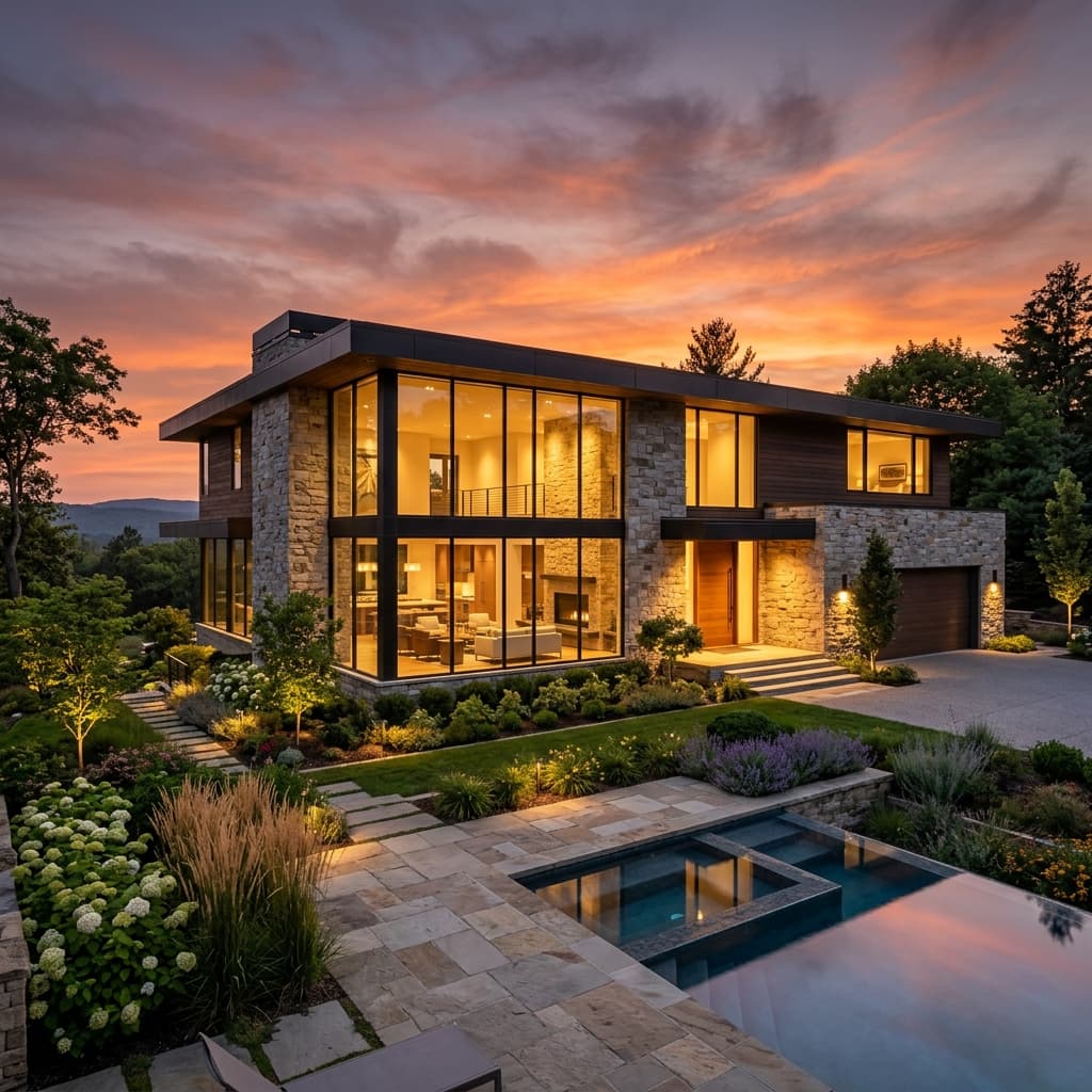 A stunning completed luxury custom home with modern architecture at dusk, featuring large glass panels, natural stone, and warm ambient lighting, representing the end product that retargeting campaigns showcase.