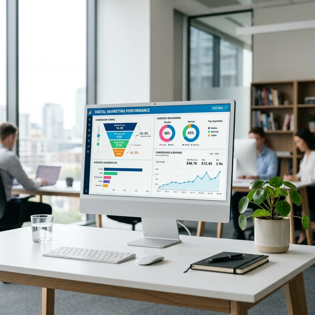 A modern marketing analytics dashboard on an iMac display showing retargeting funnel visualization, audience segmentation, and conversion tracking for custom builder campaigns.