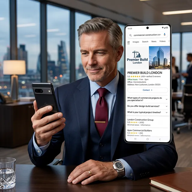 Construction firm dominating search results via rich schema markup snippets on a luxury smartphone