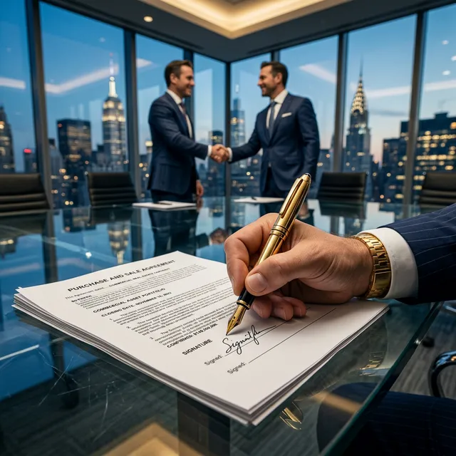 Multi-million dollar contract signed on a glass conference table with two executives shaking hands in blur