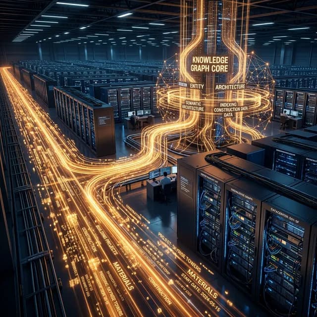 A futuristic, glowing server room representing the Semantic Web and Google's Entity Architecture knowledge graph